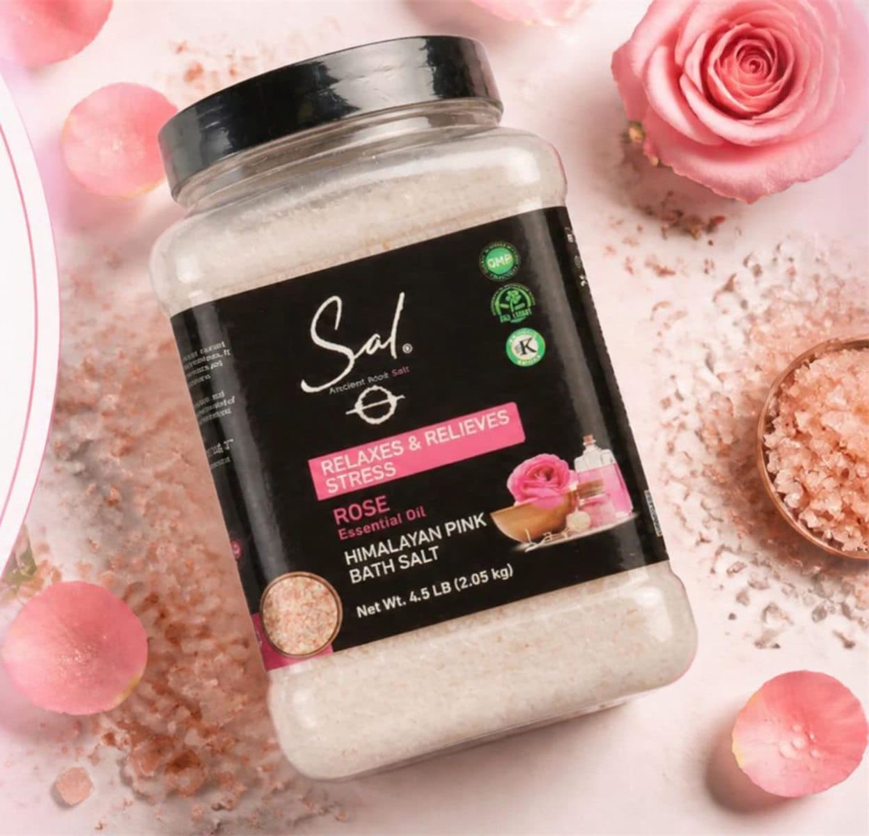 SAL Rose Bath Salt jar with roses and pink salt