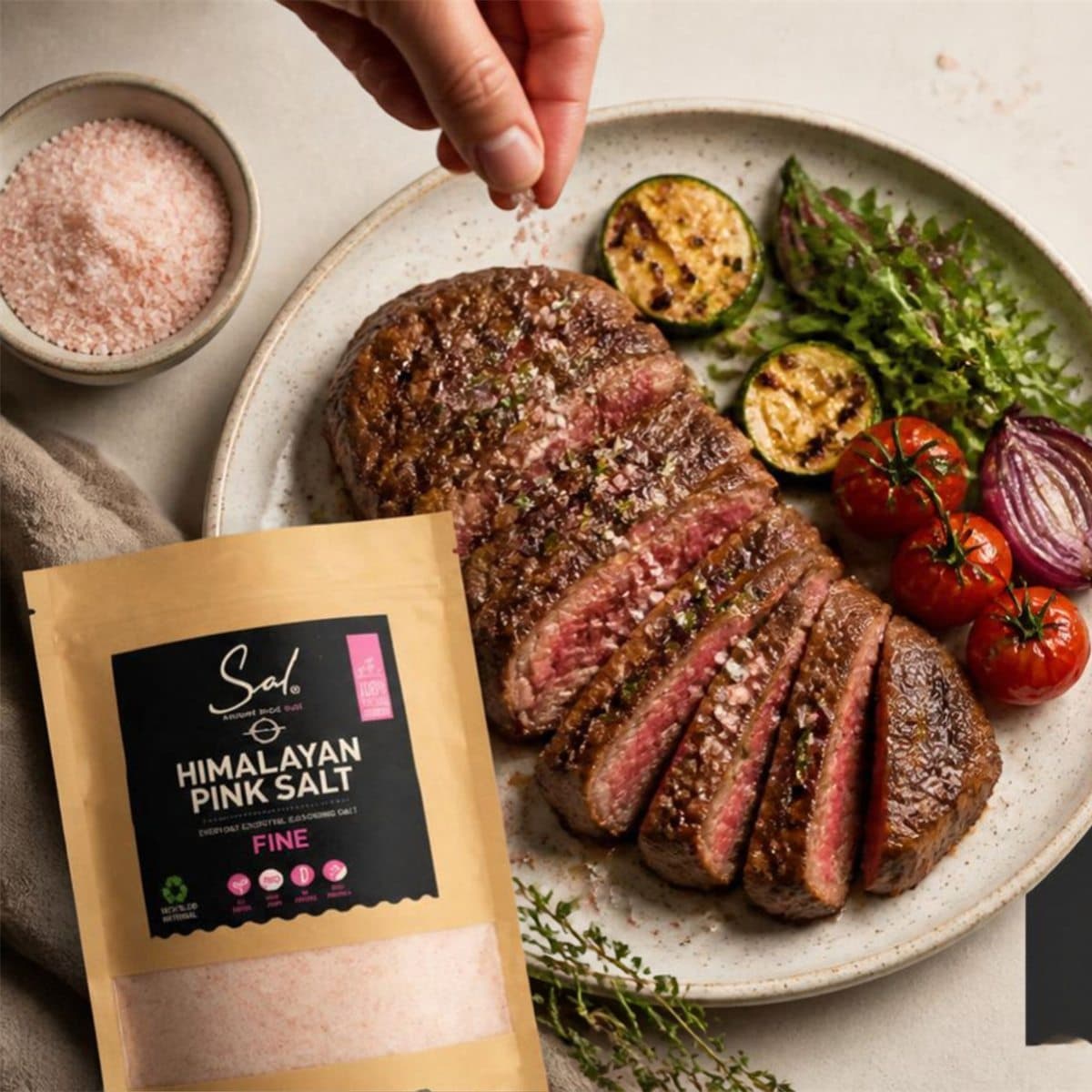 Seasoning a steak with SAL fine pink salt