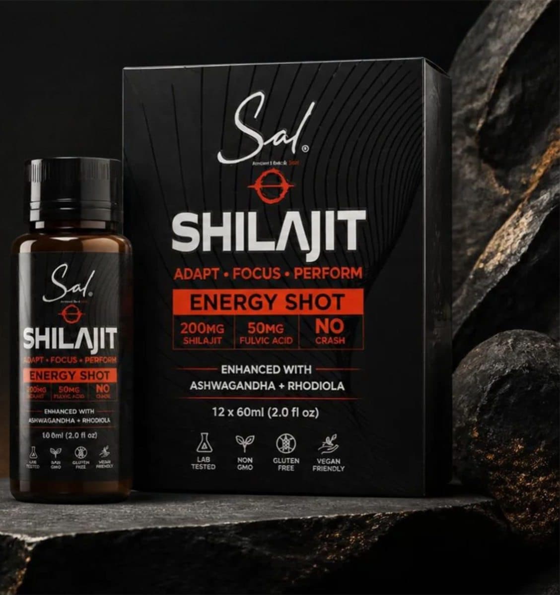 SAL Shilajit Energy Shot and 12-pack box on dark rock