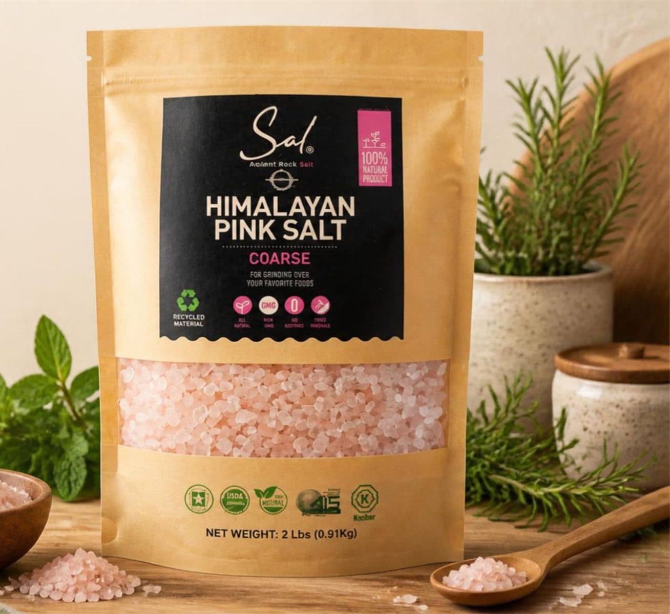 SAL coarse pink salt pouch with a bowl of salt and fresh herbs