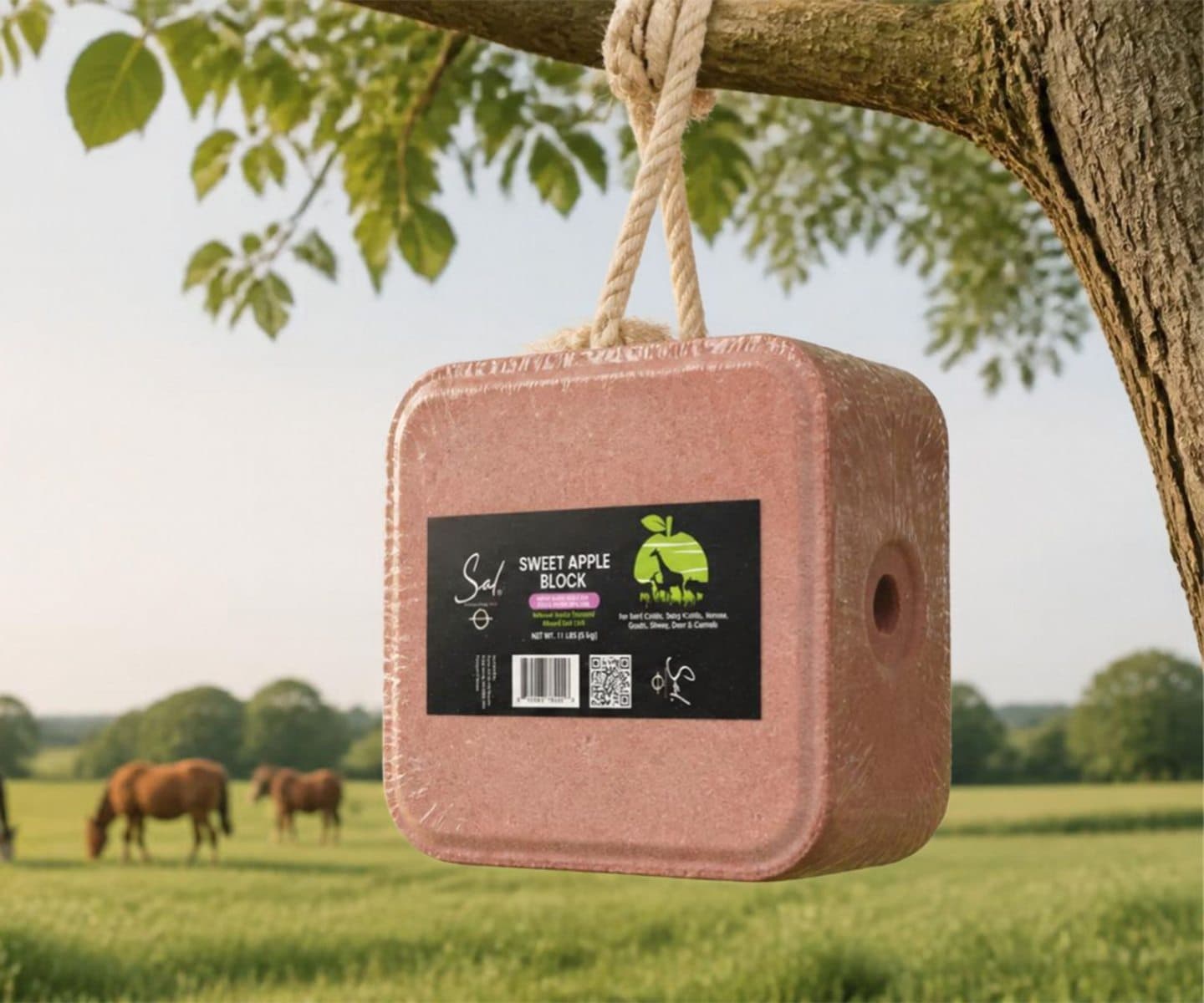 SAL Sweet Apple salt lick hanging in a pasture
