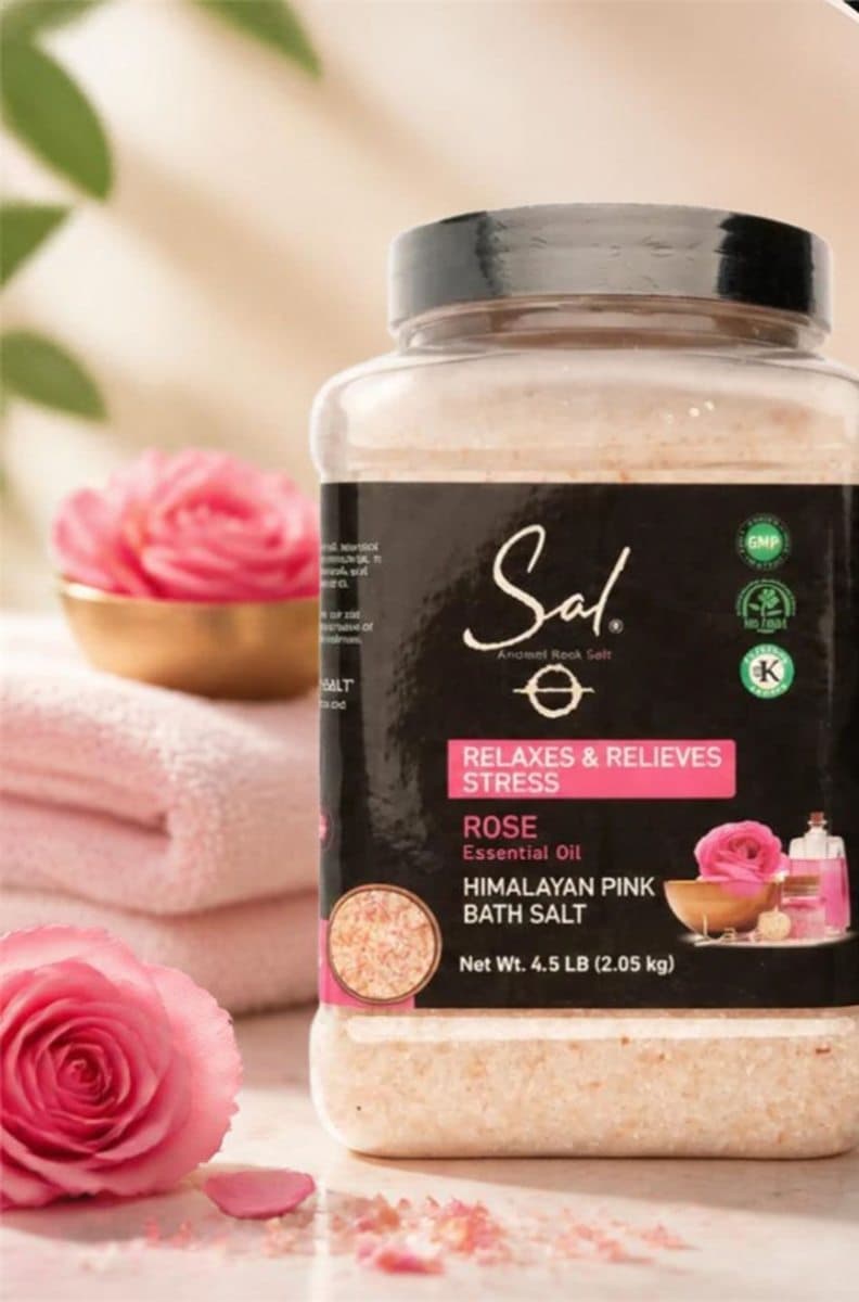 SAL Rose Bath Salt jar with towels and roses